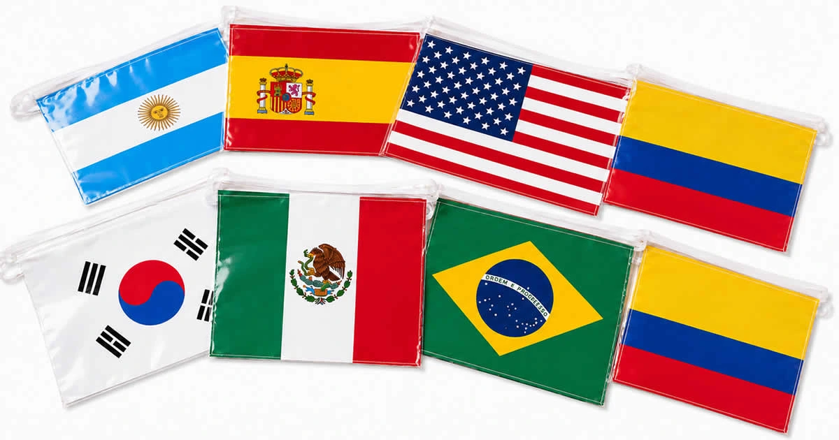 Festones mundialistas con banderas de países del Mundial 2026 en Cali